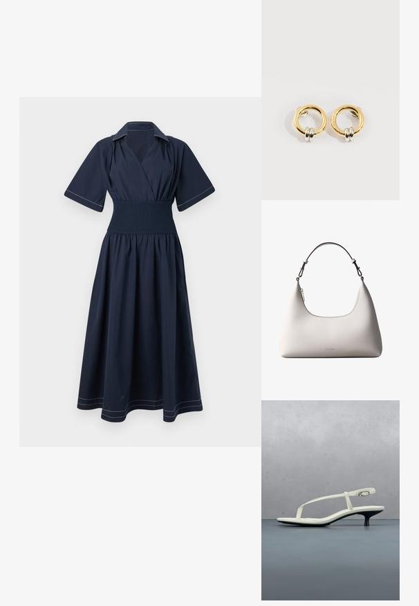 Vestido cruzado de color azul marino con mangas cortas, cintura fruncida y costuras blancas contrastantes en el cuello y el dobladillo. Diseño de falda fluida.; Sandalia blanca de tacón kitten con tiras y punta afilada, flotando sobre un suelo de baldosas de madera al aire libre, con un fondo desenfocado de plantas y pared.; Bolso de hombro de cuero color crema de Calvin Klein con borde superior curvado, cremallera plateada y correa ajustable marrón oscuro.; Pendientes circulares de oro con dos pequeños anillos de plata en cada uno, que muestran detalles sutiles del nombre de la marca grabado, colocados sobre un fondo blanco.