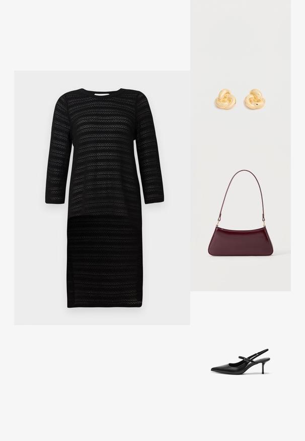 Musternööriga must kudum dress, millel on kolmveerandvarrukad. Ümar kaelus ja põlveni ulatuv siluett.; Mustad nahast slingback-kontsad terava varba ja peene reguleeritava rihmaga, umbes 5 cm kõrguse stiletto-kontsaga, siledast tekstuurist.; Tume burgundia läikiv käekott ühe õhukese sangaga ja sujuva trapetsikujuga helel ühtlasel taustal.; Paar läikiva kullatooni sõrmusega sõrmuskujulisi kõrvarõngaid ühel lihtsal valgel taustal.