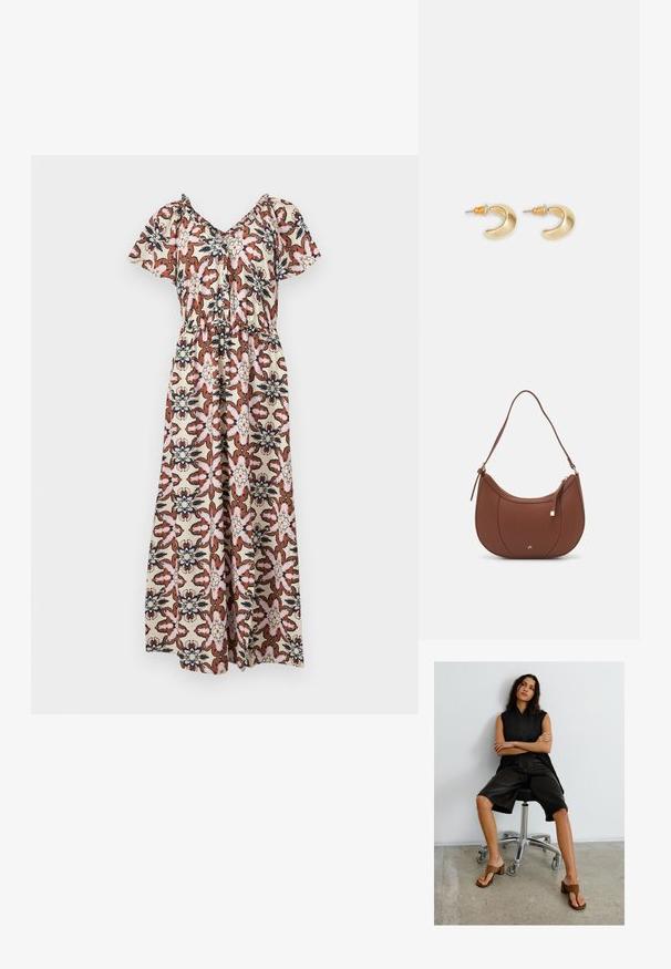 Robe maxi à manches courtes, avec un motif floral en rose, marron et bleu marine sur un fond crème. Taille élastique, design drapé lâche.; Femme aux longs cheveux noirs assise sur une chaise de bureau noire, portant un haut sans manches noir, un short noir longueur genou et des sandales marron à talons.; Sac à épaule en faux cuir brun, de forme arrondie, avec des coutures minimales et un accent en matériel doré. Il possède une fermeture zippée sur le dessus et une sangle réglable.; Boucles d'oreilles en forme de croissant en or avec une finition lisse, présentant des accents orange près du clou et un matériel en argent.