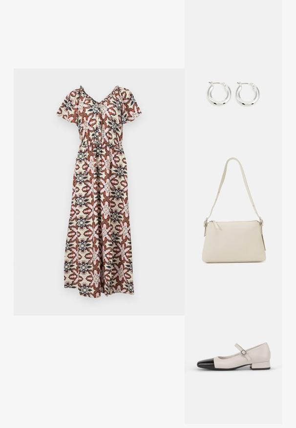 Robe maxi à manches courtes, avec un motif floral en rose, marron et bleu marine sur un fond crème. Taille élastique, design drapé lâche.; Chaussure de style Mary Jane en cuir crème avec un bout en vernis noir. Présente un bout rond, une sangle de cheville avec une boucle carrée et un petit talon carré.; Sac à épaule beige en cuir lisse avec une fermeture éclair. Présente un design simple, une bandoulière fine et des accents en métal.; Boucles d'oreilles en argent avec une finition polie, présentant une forme circulaire et une fermeture à charnière. Texture lisse avec un minimum de détails.