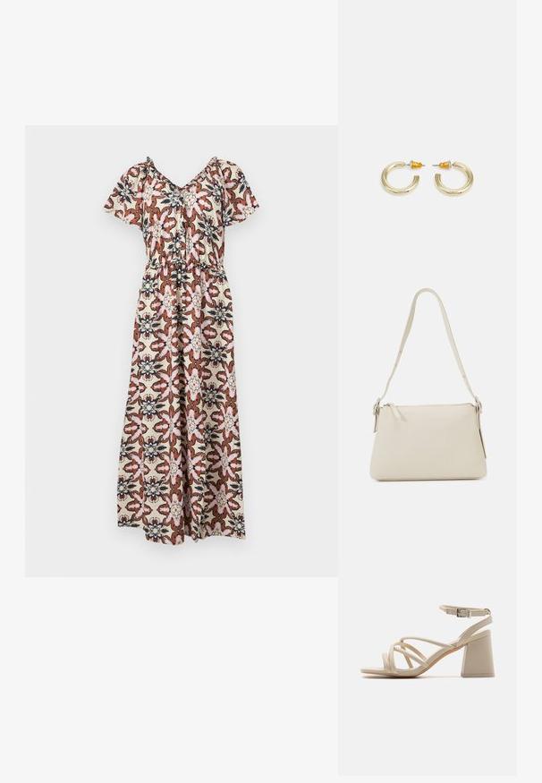 Robe maxi à manches courtes, avec un motif floral en rose, marron et bleu marine sur un fond crème. Taille élastique, design drapé lâche.; Sandales à talons beiges avec des brides entrecroisées, une boucle à la cheville et un talon carré pour plus de stabilité. Texture lisse semblable au cuir.; Sac à épaule beige en cuir lisse avec une fermeture éclair. Présente un design simple, une bandoulière fine et des accents en métal.; Boucles d'oreilles en métal doré en forme d'anneau, avec une finition lisse et arrondie. Elles possèdent des accents orange à l'arrière pour un maintien sécurisé.