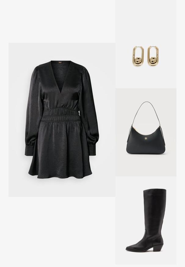 Robe noire avec un décolleté en V, de longues manches bouffantes et une taille froncée. Fabriquée en tissu texturé, elle présente une jupe évasée et des poignets côtelés.; Botte en cuir noire mi-mollet avec un bout pointu et un talon bas incliné sur un fond clair uni.; Sac à main en cuir noir avec fermeture éclair dorée, sangle fine et logo "HUGO" doré centré à l'avant.; BOSS DOUBLE B SWING - Boucles d'oreilles - gold-coloured