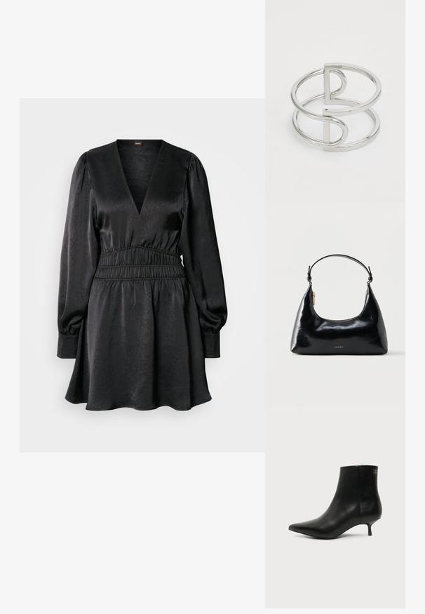 Robe noire avec un décolleté en V, de longues manches bouffantes et une taille froncée. Fabriquée en tissu texturé, elle présente une jupe évasée et des poignets côtelés.; Bottine en cuir noir avec bout pointu et petit talon kitten sur fond clair, vue côté extérieur.; Sac à main Calvin Klein noir brillant avec fermeture éclair dorée et anse courte sur fond blanc uni.; Bracelet en métal argenté avec un design à double boucle, fini lisse et brillant, et un accent géométrique minimaliste.