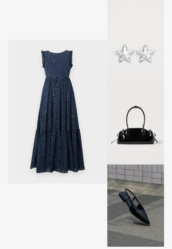 Vestido maxi azul marino con lunares blancos, mangas con volantes, torso ajustado y falda en capas y fluida. Hecho de tela ligera.; Zapato plano negro de punta puntiaguda con tiras traseras flotando sobre una superficie de asfalto junto a una acera con baldosas.; Pequeño bolso negro brillante con dos asas largas y detalles de cordón lateral sobre un fondo claro liso.; Pendientes en forma de estrella plateada con una superficie pulida y brillante. Cada pendiente presenta cinco puntas y sutiles detalles de textura en la superficie.