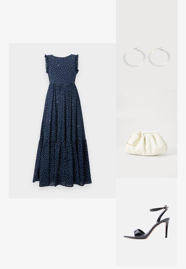 Vestido maxi azul marino con lunares blancos, mangas con volantes, torso ajustado y falda en capas y fluida. Hecho de tela ligera.; Sandalia de tacón alto de charol negro con punta abierta, tira en el tobillo y cierre de hebilla, mostrada de perfil sobre un fondo blanco.; Bolso de mano de cuero blanco con un diseño recogido, cuenta con una cadena dorada y forma redondeada. Textura suave con pliegues suaves y sin patrones.; Pareja de pendientes de aro plateados brillantes con cierres de alambre delgado, mostrados sobre un fondo gris claro.