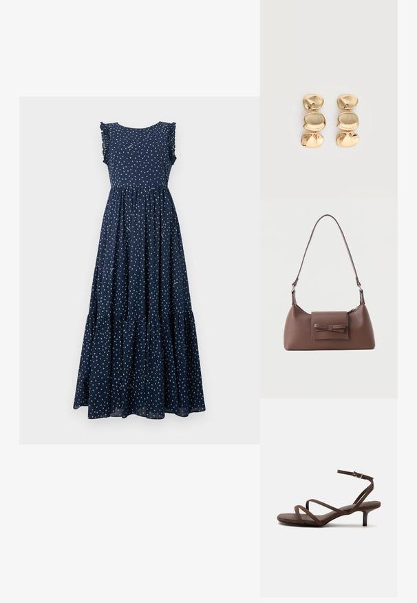 Vestido maxi azul marino con lunares blancos, mangas con volantes, torso ajustado y falda en capas y fluida. Hecho de tela ligera.; Sandalia marrón de tacón alto con tiras finas cruzadas y una correa en el tobillo con una hebilla plateada sobre un fondo blanco.; Bolso bandolera de cuero marrón con un bolsillo frontal de solapa que presenta un detalle de moño cosido y una correa ajustable.; Pendientes colgantes en tono dorado con tres segmentos irregulares, lisos y redondeados apilados verticalmente sobre un fondo claro y liso.