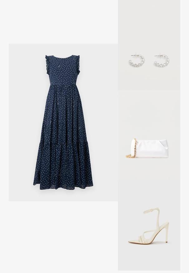 Laabuhar sinin maxi dress dengan polka dot putih, lengan berombak, bodice pas, dan rok bertingkat yang mengalir. Terbuat dari kain ringan.; Beiget teräväkärkiset korkokengät, joissa on kolme etunauhaa ja ohut nilkkahihna soljella. Sileä pinta, minimalistinen muotoilu.; Valkoinen pehmeä käsilaukku, jossa on kultainen ketjuhihna ja kirkkailla jalokivillä koristeltu, yksinkertaisen vaaleanharmaan taustan edessä.; Hopeiset renkaankorvakorut, jotka ovat koristeltu kirkkailla, hiotuilla kristalleilla, joissa on takana nastat ja läpinäkyvät korvalukot valkoisella taustalla.