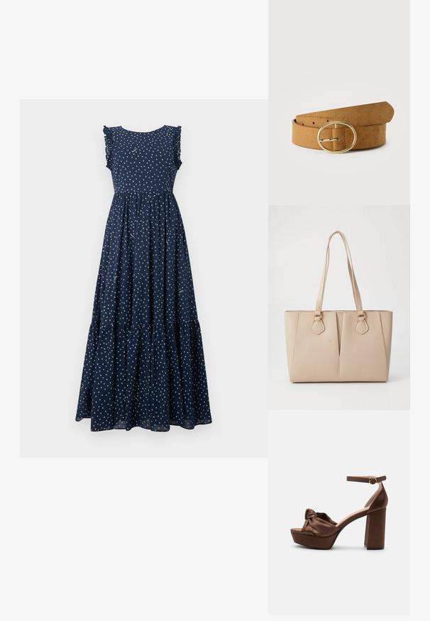 Laabuhar sinin maxi dress dengan polka dot putih, lengan berombak, bodice pas, dan rok bertingkat yang mengalir. Terbuat dari kain ringan.; Ruskea korollinen platform-sandaali, jonka edessä solmittu hihna ja nilkan ympärillä oleva hihna, jossa on pyöreä kultainen solki, neutraalilla taustalla.; Beige kantokassi, joka on valmistettu tekstuuripinnoitetuista keinonahasta, ja siinä on kaksinkertaiset kahvat ja kultaiset metalliosat. Muotoilussa on kahtiajakautuva etuosan yksityiskohta.; Vaaleanruskea mokkanahkavyö, jossa on useita reikiä ja pyöreä kullanvärinen metallisolki, esitetty kierrettynä valkoisella taustalla.