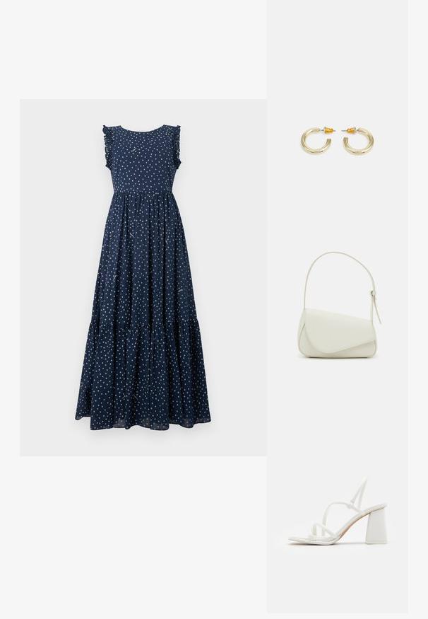 Robe maxi bleu marine avec des pois blancs, des manches volantées, un corsage ajusté et une jupe à volants fluide. Fabriquée en tissu léger.; Sandales à talons blancs avec des brides fines, un bout carré et un talon bloc épais, au texte lisse et au design minimalist.; Sac à main en cuir synthétique blanc avec une forme triangulaire structurée, une bandoulière unique réglable et un rabat à courbes accentuées.; Boucles d'oreilles en métal doré en forme d'anneau, avec une finition lisse et arrondie. Elles possèdent des accents orange à l'arrière pour un maintien sécurisé.