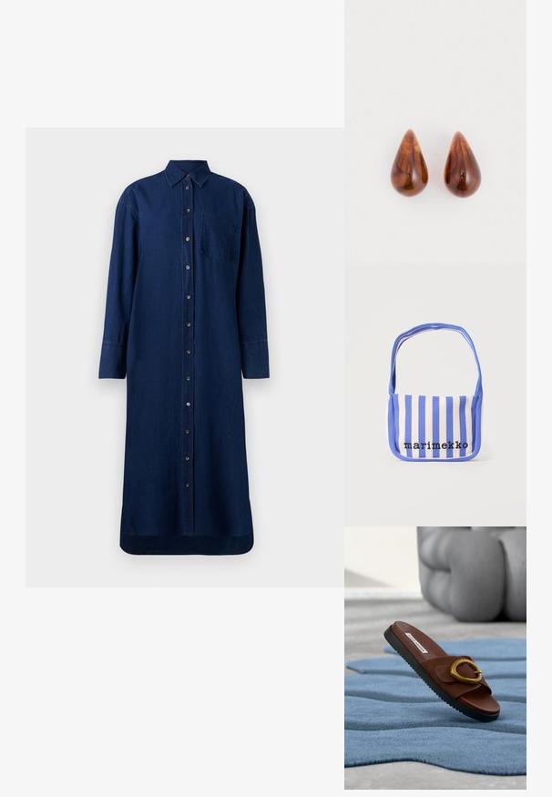 Langærmet denimskjortekjole i mørkeblå. Har knaplukning foran, spids krave og brystlomme. Glat tekstur med lige pasform.; Brun slide-sandal med sort sål og stor guldbøjle, der hviler på en tekstureret blå tæppe indendørs.; Blå og hvide lodrette stribede skuldertaske af stof med teksten "marimekko" broderet i sort på forsiden.; Et par glansende brune dråbeformede øreringe med subtile mørkere mønstre på en hvid baggrund.