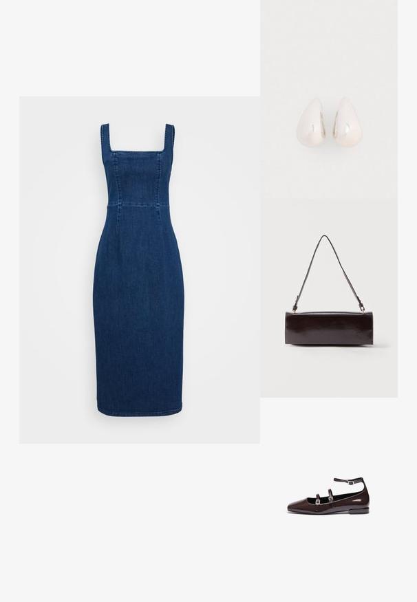 Donkerblauwe denim jurk met een vierkante halslijn, aansluitende lijfje en een pencil silhouet. Bevat naden en een knielange zoom.; Bruine gepatineerde leren ballerina's met een spitse neus, voorzien van twee verstelbare banden en zilveren gespen, en een lage, vierkante hak.; Rechthoekige zwarte leren handtas met een enkele lange schouderband en een glanzende afwerking, weergegeven tegen een effen witte achtergrond.; Zilveren metalen druppeloorbellen met een gladde, reflecterende oppervlakte en een druppelvorm, voorzien van een naadloos ontwerp en zonder zichtbare versieringen.