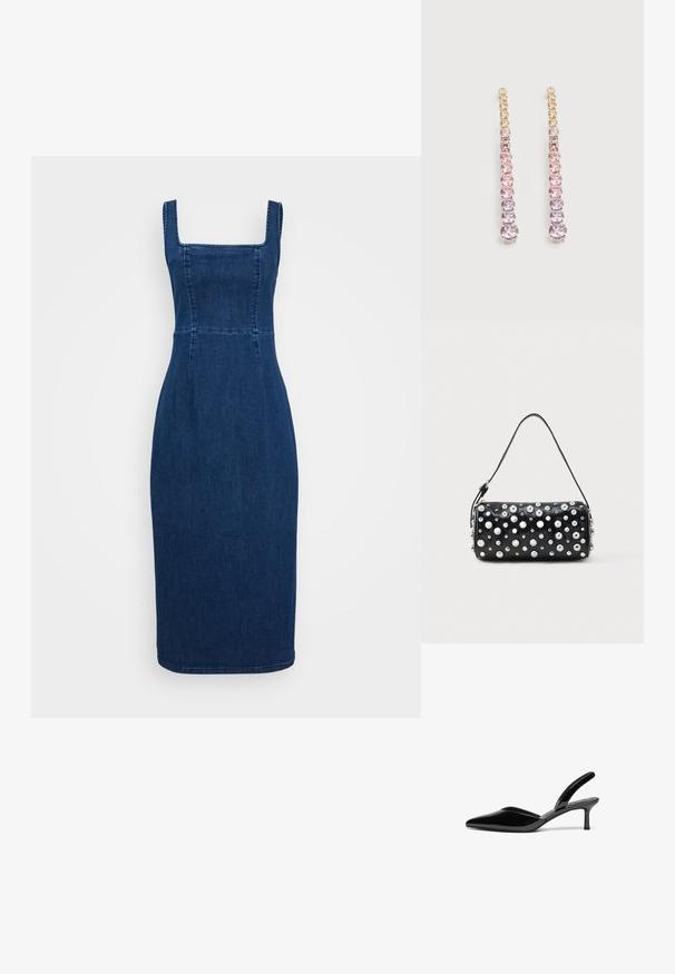 Mørkeblå denimkjole med firkantet udskæring, tætsiddende liv og blyantsilhuet. Har sømme og en knælængde kant.; Sorte patentlæder slingback hæle med spids tå, lav stiletto hæl og et elegant, enkelt design uden pynt.; Sort læderhåndtaske med rund form, dekoreret med sølvnitter. Har en aftagelig rem og lynlås. Glat tekstur.; Lange dråbeøreringe med en gradient af runde ædelstene i gule, rosa og lilla toner sat i sølv.