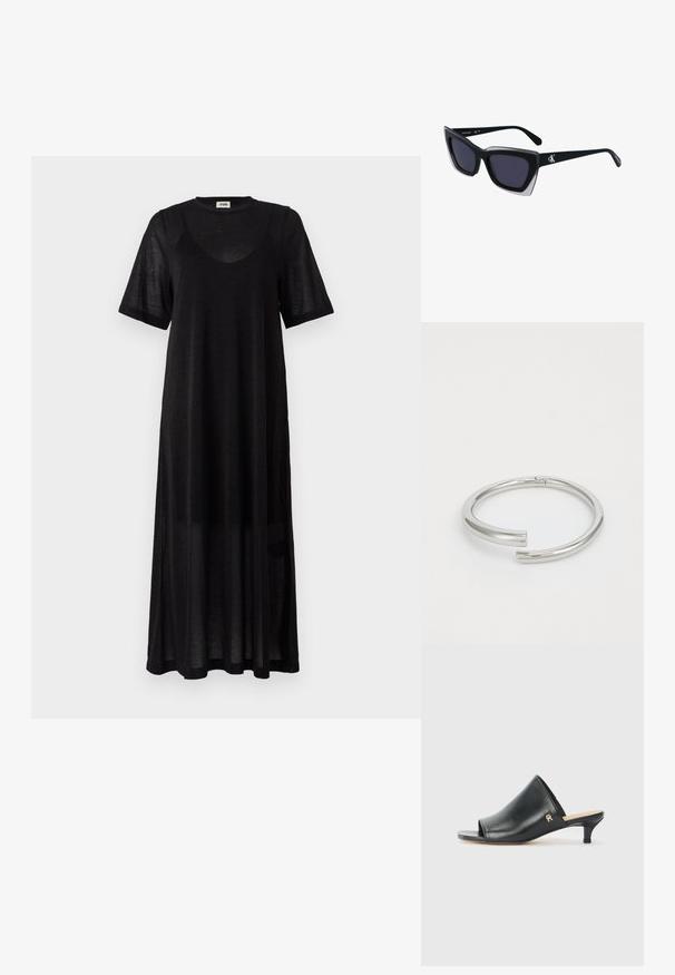Vestido negro de longitud a la rodilla, confeccionado en un material ligero y translúcido. Presenta un cuello redondo, mangas cortas y un corte holgado y relajado.; Mules de cuero negro de punta abierta con un tacón bajo. Presentan una superficie lisa y un acento del logo dorado en el costado.; Gafas de sol negras de gran tamaño con una forma geométrica, que presentan lentes oscuros y un detalle gris contrastante en la montura. Logo en la pata.; Calvin Klein SPIRAL - Pulsera - silver-coloured