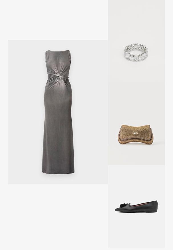 Vestido maxi gris ajustado con escote redondo y detalle de torsión en la cintura. Hecho de una tela suave y lisa con una textura ligeramente brillante.; Zapato plano de cuero negro con punta afilada, que presenta un elegante borlón decorativo y una suela delgada y sutil. El interior tiene un revestimiento rojo de contraste.; Pequeño bolso de mano texturizado en oro y bronce con una solapa superior curva y un cierre ovalado plateado con logo en el centro.; Anillo en tono plateado que presenta una banda continua de piedras claras redondas y en forma de pera engastadas en garras. Acabado suave en toda la superficie.