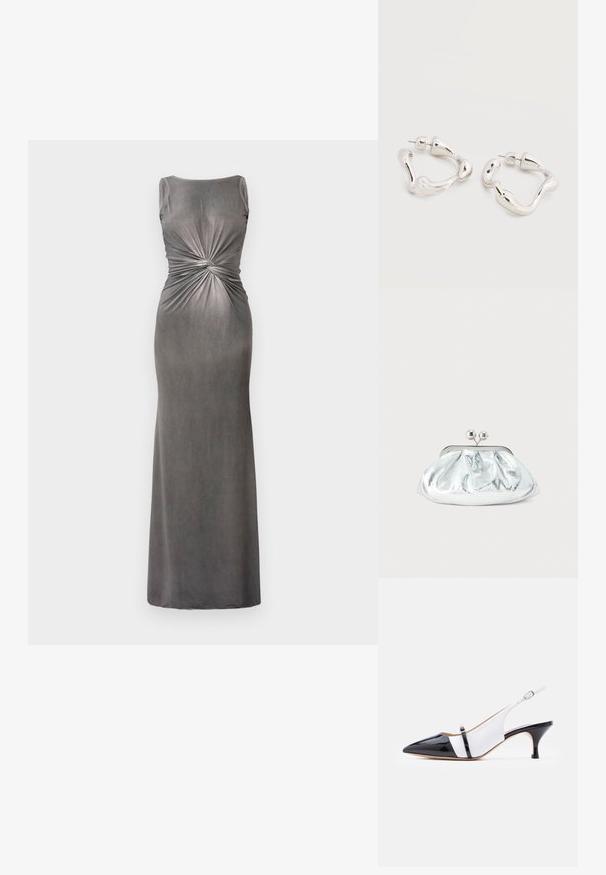 Robe maxi ajustée grise avec un décolleté en scoop et un détail torsadé à la taille. Fabriquée dans un tissu doux et lisse avec une texture légèrement brillante.; Chaussure à bride arrière noir et blanc à bout pointu, avec un petit talon chaton bas et une fine sangle traversant le cou-de-pied avec une petite boucle.; Petit sac pochette métallique argenté avec un design arrondi et froncé, fermeture à clip avec deux boules argentées.; Boucles d'oreilles créoles en métal argenté de forme irrégulière avec fermoirs à tige, posées sur une surface blanche unie.