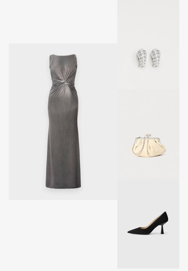 Robe maxi ajustée grise avec un décolleté en scoop et un détail torsadé à la taille. Fabriquée dans un tissu doux et lisse avec une texture légèrement brillante.; Pompe à talons hauts en suède noir avec un bout pointu, dotée d'un talon bloc noir brillant et d'une doublure intérieure lisse.; Pochette en cuir beige plissé avec un cadre en métal argenté, dotée de deux fermoirs ronds décoratifs et d'une chaîne en argent.; Boucles d'oreilles en clip argentées avec un design en spirale, présentant une texture métallique lisse et des formes arrondies. Pas d'embellissements ou de motifs visibles.