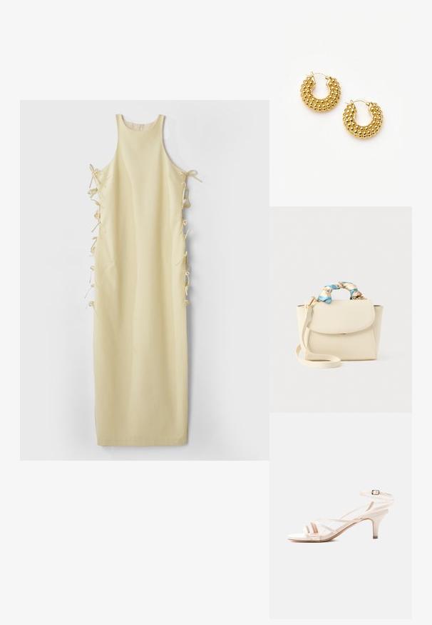 Robe sans manches jaune avec un col haut, dotée de liens latéraux pour un ajustement réglable et d'une texture lisse et douce. Silhouette simple et droite.; Sandale blanche à lanières, à bout ouvert, avec un petit talon et une bride à boucle autour de la cheville, sur un fond clair uni.; Sac à main crème avec fermeture à rabat, bandoulière détachable et tissu floral torsadé bleu et crème enveloppant la poignée supérieure.; Paire de boucles d'oreilles créoles en or avec des grappes de perles rondes texturées et une fermeture à charnière sur fond blanc.