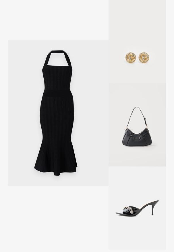 Schwarzes Strick-Midikleid mit einem Halskragen, tailliertem Oberteil, gerippter Textur und schwingendem Saum. Keine sichtbaren Muster oder Akzente.; Schwarzer Lackleder High-Heel Mule mit offenem Zehenbereich und dekorativen silbernen Anhängern, darunter eine Blume und ein Vorhängeschloss am vorderen Riemen.; Schwarze Leder-Schultertasche mit goldfarbenen Beschlägen und Guess-Logo, mit einem einzelnen Trageriemen und Reißverschluss oben.; Goldene, kreisförmige Steckerohrringe mit spiraligem Design, die an den Rändern mit klaren Kristallverzierungen und einem zentralen dekorativen Element versehen sind.