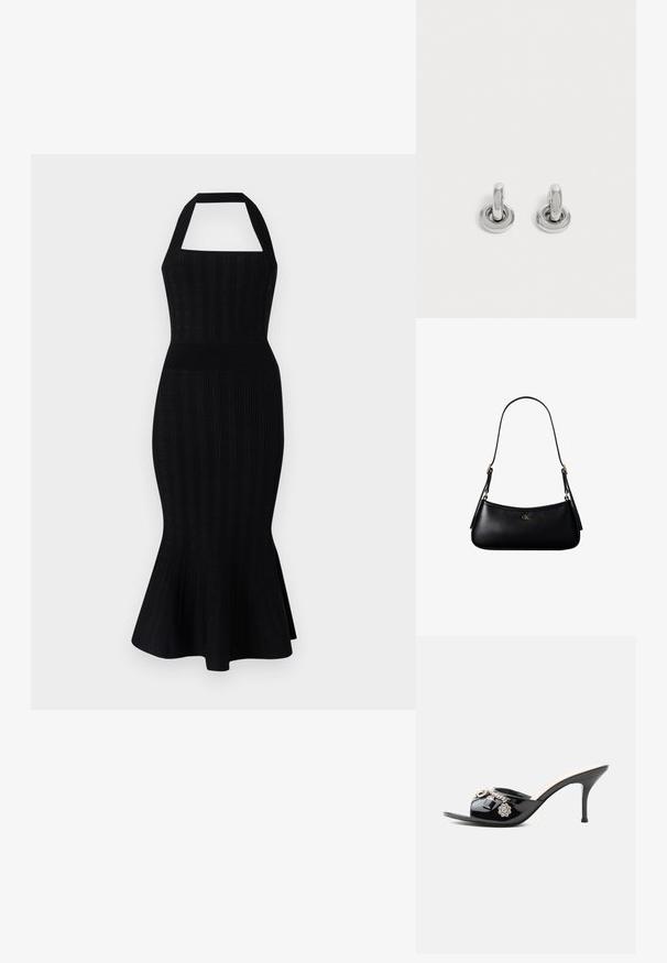 Vestido midi de punto negro con cuello halter, cuerpo ajustado, textura acanalada y dobladillo acampanado. Sin patrones ni acentos visibles.; Mule de charol negro de tacón alto con punta abierta y adornos decorativos plateados, incluyendo una flor y un candado en la tira delantera.; Mini bolso negro de cuero para hombro con correa delgada y pequeño logo dorado CK en el centro frontal.; Par de pequeños pendientes de aro plateados brillantes con base redonda, exhibidos sobre un fondo claro y liso.