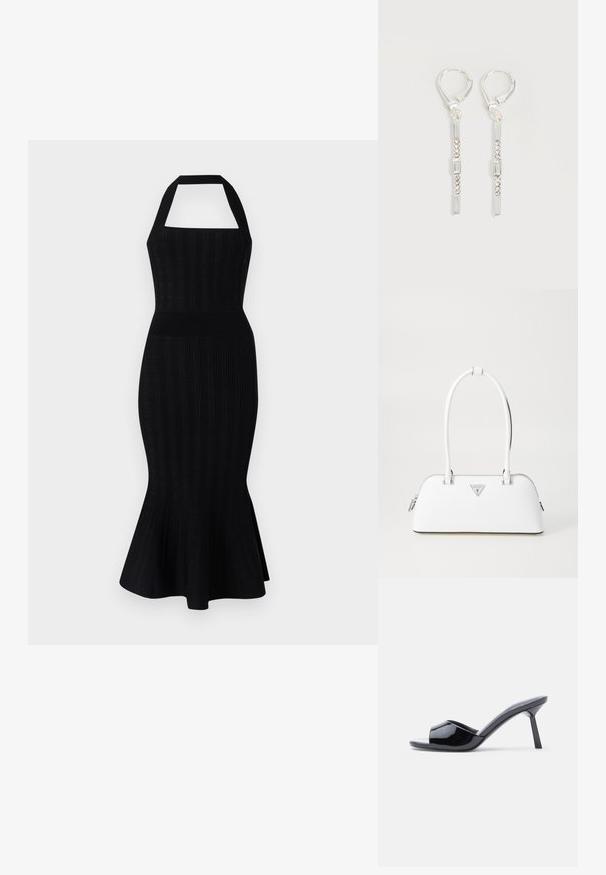 Vestido midi de punto negro con cuello halter, cuerpo ajustado, textura acanalada y dobladillo acampanado. Sin patrones ni acentos visibles.; Sandalias de tacón con punta abierta de charol negro, con un diseño superior curvado y tacón de aguja cónico. Acabado liso y brillante.; Bolso de cuero blanco con forma curva, que presenta un logo triangular plateado y cierre de cremallera. Textura lisa y dos asas.; Pendientes colgantes de plata con cristales transparentes rectangulares y redondos en una línea vertical, asegurados con cierres tipo leverback.
