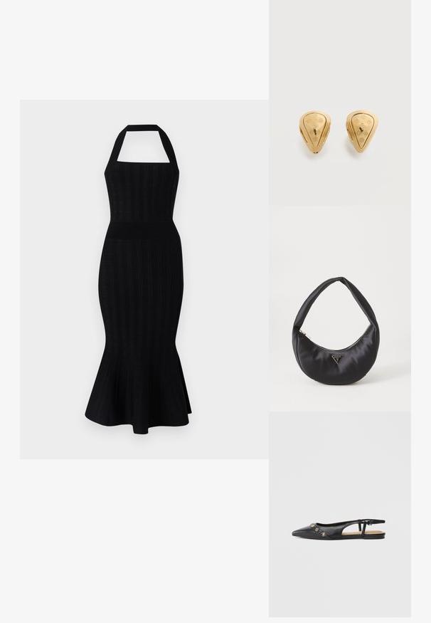 Schwarzes Strick-Midikleid mit einem Halskragen, tailliertem Oberteil, gerippter Textur und schwingendem Saum. Keine sichtbaren Muster oder Akzente.; Schwarzer, spitz zulaufender Slingback-Ballerina aus Leder mit goldenen Zieranhängern am Vorderteil und einem kleinen Schnallenriemen an der Ferse.; Schwarze Satin-Handtasche mit geschwungener Form, ausgestattet mit einem Reißverschluss und einem dreieckigen Metallsymbol auf der Vorderseite. Glatte Textur und elegantes Design.; Paar goldfarbene Ohrringe in Tropfenform mit eingravierten floralen und geometrischen Mustern auf einem schlichten Hintergrund.