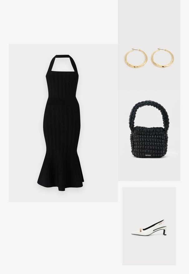 Sort strikket midi kjole med halterneck, tætsiddende overdel, ribbet tekstur og udvidet kant. Ingen synlige mønstre eller detaljer.; Hvid slingback-pump med spids tå, lav blokhæl, guldfarvet spænde foran og en sidestrap med et lille guldfarvet spænde.; Lille sort quiltet håndtaske med kort polstret håndtag og "HUGO" mærke på forsiden, vist mod en ensfarvet lys baggrund.; Par polerede guldbøjleøreringe med tynde stifter og hængslet lås, vist på en ensartet lysegrå baggrund.