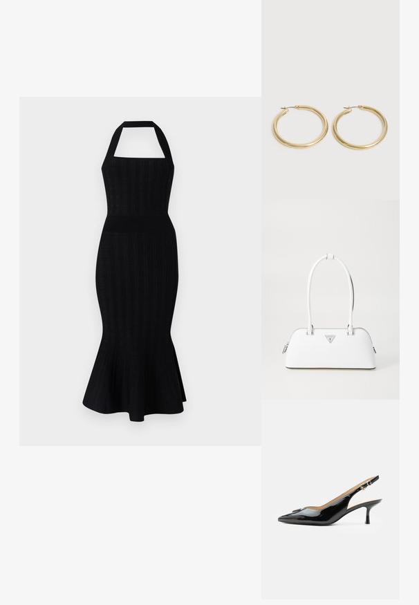 Robes midi en tricot noir avec un décolleté halter, un corsage ajusté, une texture côtelée et une jupe évasée. Aucune motif ou accent visible.; Escarpin slingback en cuir verni noir avec bout pointu, petit talon kitten et bride à boucle argentée sur fond blanc uni.; Sac à main en cuir blanc avec une forme courbée, présentant un logo triangulaire argenté et une fermeture à glissière. Texture lisse et doubles poignées.; Paire de boucles d'oreilles créoles en or lisse et brillant avec des tiges fines et des fermoirs à charnière sur un fond clair uni.