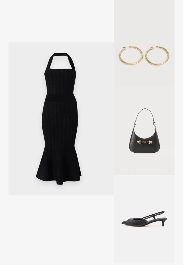 Schwarzes Strick-Midikleid mit einem Halskragen, tailliertem Oberteil, gerippter Textur und schwingendem Saum. Keine sichtbaren Muster oder Akzente.; Schwarze Slingback-Schuhe mit einer spitzen Zehe, aus glattem Material gefertigt, mit einem kleinen Absatz und einem dekorativen silbernen Akzent auf dem Blatt.; Schwarze Lederhandtasche mit einer geschwungenen Silhouette, ausgestattet mit einem oberen Griff, goldfarbenen Beschlägen und einer Logo-Plakette an der Vorderseite. Glatte Textur.; Paar glatter, glänzender goldener Creolen mit dünnen Stegen und Klappverschlüssen auf schlichtem hellem Hintergrund.