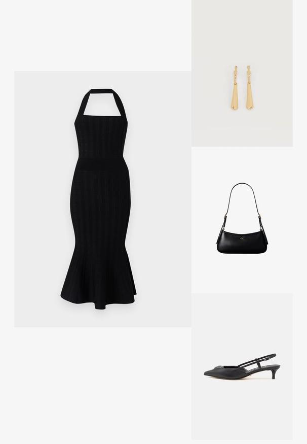 Sort strikket midi kjole med halterneck, tætsiddende overdel, ribbet tekstur og udvidet kant. Ingen synlige mønstre eller detaljer.; Sorte slingback-sko med spids tå, lavet af glat materiale, med en lille hæl og en dekorativ sølvaccent på vamps.; Sort læder mini skuldertaske med tynd rem og lille gyldent CK-logo på fronten i midten.; Øreringe i guldfarvet metal med glatte, aflangt dråbeformede vedhæng, der hænger fra små creol-låse på en hvid baggrund.
