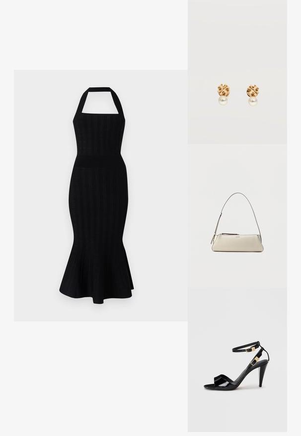 Schwarzes Strick-Midikleid mit einem Halskragen, tailliertem Oberteil, gerippter Textur und schwingendem Saum. Keine sichtbaren Muster oder Akzente.; Schwarze, lackierte High-Heeled-Sandalen mit doppelten Knöchelriemen und goldenen Schnallen, Zehen offen und schlankem, spitz zulaufendem Absatz auf neutralem Hintergrund.; Kleine beige Lederschultertasche mit dünnem Riemen und Reißverschluss, vorne in der Mitte mit einem dezenten metallischen Logo.; Goldene Ohrstecker mit ausgeschnittenem Logo-Design und jeweils einer weißen Perle, die unter jedem Ohrstecker auf weißem Hintergrund hängt.
