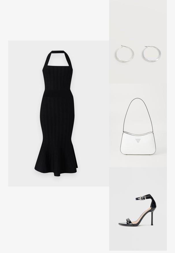 Schwarzes Strick-Midikleid mit einem Halskragen, tailliertem Oberteil, gerippter Textur und schwingendem Saum. Keine sichtbaren Muster oder Akzente.; Schwarzer Riemchensandale aus Lackleder mit hohem Absatz und Knöchelriemen. Verfügt über ein minimalistisches Design, offene Zehenpartie und eine Schnalle mit Strassakzenten.; Weißer Handtasche mit einem eleganten, geschwungenen Design, ausgestattet mit einem dünnen schwarzen Riemen und einem silbernen Dreiecks-Logo-Akzent. Sanfte Textur und minimale Details.; Silberne Metallcreolen mit glatter, leicht gebogener Oberfläche und Klappverschluss vor schlicht weißem Hintergrund.