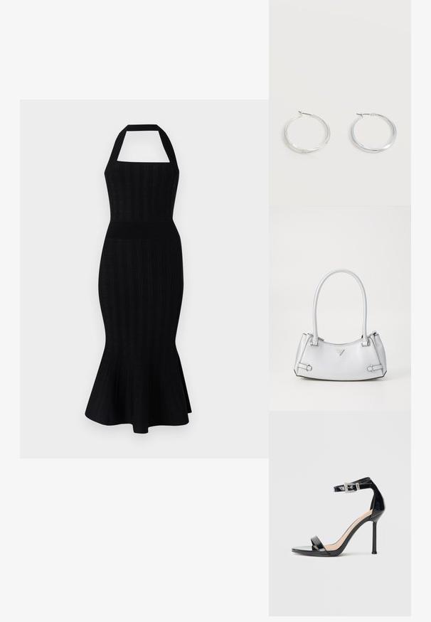 Sort strikket midi kjole med halterneck, tætsiddende overdel, ribbet tekstur og udvidet kant. Ingen synlige mønstre eller detaljer.; Sort højhælet sandal i laklæder med ankelrem. Har minimalistisk design, åben tå og spænde med rhinsten-detaljer.; Sølv håndtaske med et struktureret design, der har to håndtag, en skinnende overflade, accenthardware og et trekantet logo på fronten.; Sølvfarvede metaloorringe med glat, let buet overflade og låsemekanisme på en ensfarvet hvid baggrund.