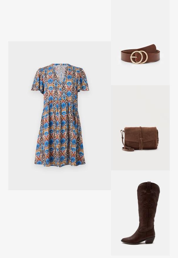 Vestido de manga corta con un colorido estampado floral que presenta tonos en azul, rojo y beige, con escote en V y diseño de falda en capas.; Botas de cowboy altas de cuero marrón con costuras detalladas, punta puntiaguda y tacón cuadrado sobre un fondo claro y liso.; Bolso bandolera de ante marrón con detalle de borla trenzada en la solapa frontal y correa de hombro ajustable.; Cinturón de cuero marrón con dos hebillas circulares en tono dorado, textura suave y diseño minimalista. La longitud y el ancho varían.