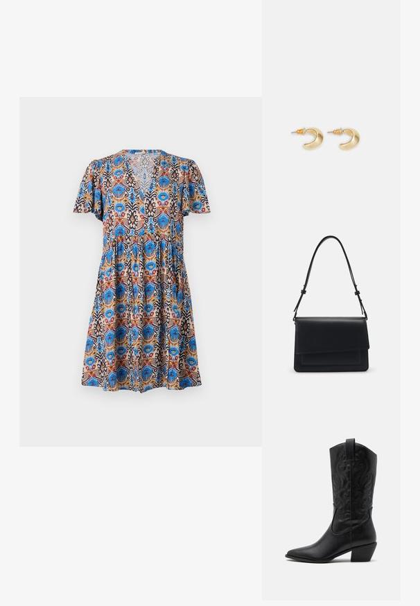 Vestido de manga corta con un colorido estampado floral que presenta tonos en azul, rojo y beige, con escote en V y diseño de falda en capas.; Botas de vaquero de cuero negro con punta afilada, patrones en relieve en espiral y un tacón de altura media. Presentan una lengüeta para facilitar el uso.; Pieces PCNIBINA HARMONICA CROSS BODY - Bandolera - black; Pendientes en forma de media luna de oro con un acabado suave, que presentan acentos naranjas cerca del pasador y herrajes de plata.
