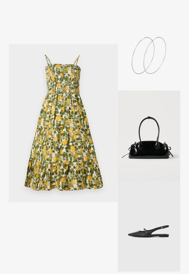 Blumenkleid mit gerafftem Oberteil, grünem und gelbem Zitronenprint, Spaghettiträgern und einem gestuften Rock mit Rüschensaum.; Schwarze Slingback-Schuhe aus Leder mit spitzer Zehenpartie, schmalem Riemen und silberner Schnallenverzierung an der Seite. Flache Sohle.; Kleine schwarze glänzende Handtasche mit zwei langen Griffen und seitlichen Kordelzug-Details vor einfachem hellem Hintergrund.; Silberne Creolen mit minimalistischem Design. Rundform, glatte Oberfläche und dünnes Profil. Leichtgewichtig mit hochglänzender Oberfläche.