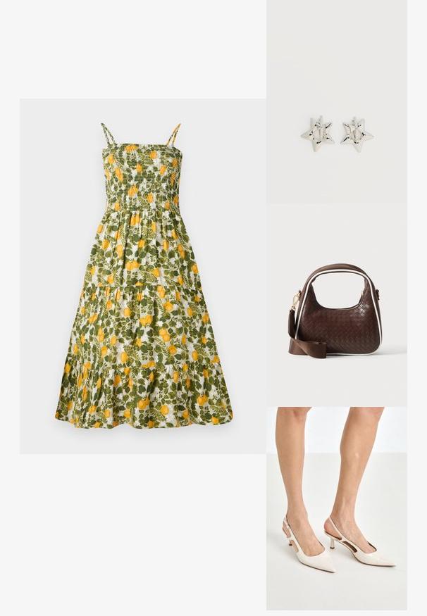 Lillelilleline kleit, millel on kumerdatud bodice, rohelise ja kollase sidruniprindiga, spagetti rihmad ja kihiline seelik rippuva äärega.; Beesek patentnaha slingback kontsad 5 cm kontsaga, millel on terav nina ja lõigatud külgedega ning õhuke pahkluu rihm.; Pruun punutud nahast käekott valge ääristuse, kuldse tõmbluku ja eemaldatava pruuni kangast õlarihmaga.; Hõbedast tähekujulised rõngaskõrvarõngad, millel on sile ja poleeritud viimistlus, tavalise valge taustaga.