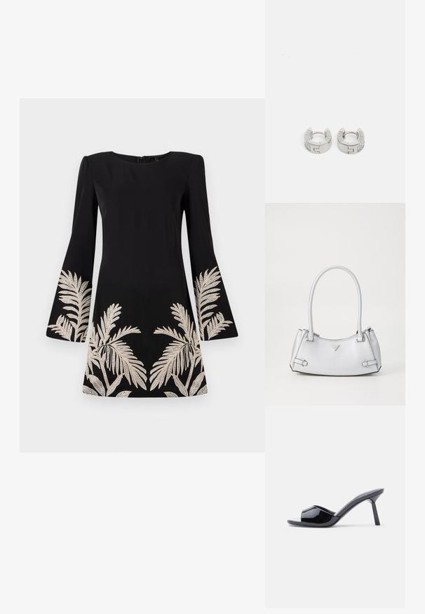 Schwarzes Kleid mit ausgestellten Ärmeln, verziert mit goldenen, gestickten Palmblattmotiven am Saum und an den Ärmeln. Hergestellt aus glattem Stoff.; Schwarze Sandalen mit Absatz aus Lackleder, offenem Zehenbereich, mit geschwungenem Obermaterial und spitz zulaufendem Stilettoabsatz. Glatte, glänzende Oberfläche.; Silberne Handtasche mit einem strukturierten Design, ausgestattet mit zwei Griffen, glänzender Oberfläche, Akzentbeschlägen und einem dreieckigen Logo auf der Vorderseite.; Guess STYLISH - Ohrringe - silver-coloured