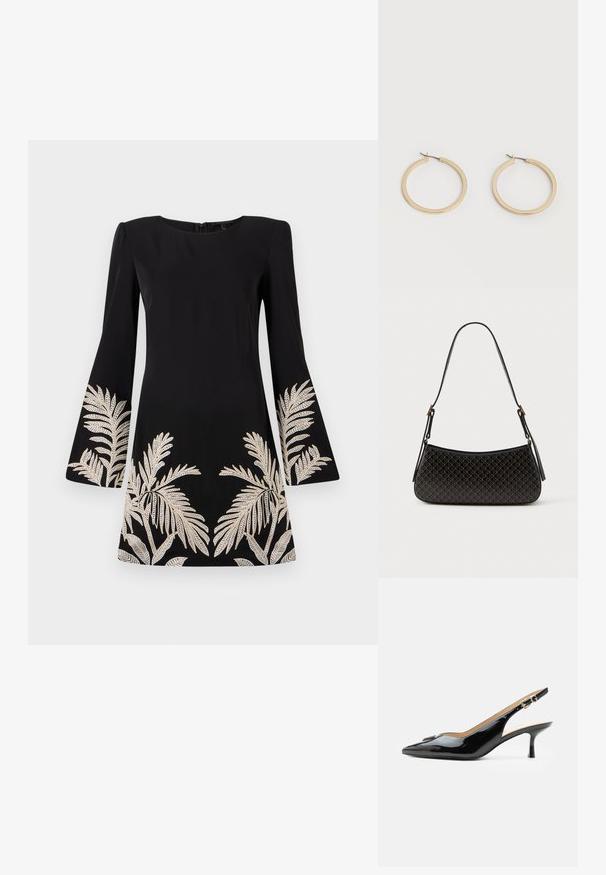 Schwarzes Kleid mit ausgestellten Ärmeln, verziert mit goldenen, gestickten Palmblattmotiven am Saum und an den Ärmeln. Hergestellt aus glattem Stoff.; Schwarzer Pumps mit Riemchen aus Lackleder, spitz zulaufender Zehenpartie, kleinem Kitten-Heel und silberner Schnalle auf weißem Hintergrund.; Schwarze Handtasche mit geometrischem Muster, geschwungener Form, glatter Textur und einem langen verstellbaren Schulterriemen; ausgestattet mit goldfarbener Hardware.; Paar mittelgroße, glatte Creolen in Goldton mit Scharnier-Verschlüssen auf einem einfarbigen hellen Hintergrund.