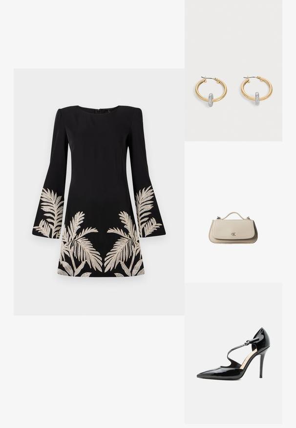 Schwarzes Kleid mit ausgestellten Ärmeln, verziert mit goldenen, gestickten Palmblattmotiven am Saum und an den Ärmeln. Hergestellt aus glattem Stoff.; Schwarzer, hochhackiger Schuh aus Lackleder mit spitzer Kappe und dünnem Knöchelriemen, der mit einer kleinen Schnalle befestigt ist.; Kleine beigefarbene Lederhandtasche mit oberem Griff und silbernem CK-Logo auf der Frontklappe, vor weißem Hintergrund dargestellt.; Paar goldfarbene Creolen mit kleinem silberfarbenem Schlaufen-Detail an jeder, vor hellem grauem Hintergrund präsentiert.