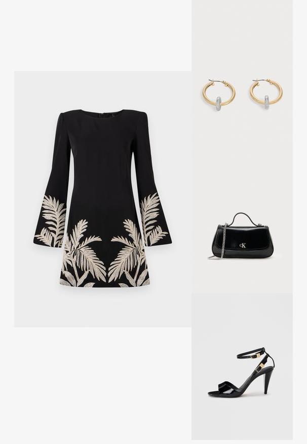 Schwarzes Kleid mit ausgestellten Ärmeln, verziert mit goldenen, gestickten Palmblattmotiven am Saum und an den Ärmeln. Hergestellt aus glattem Stoff.; Schwarze, lackierte High-Heeled-Sandalen mit doppelten Knöchelriemen und goldenen Schnallen, Zehen offen und schlankem, spitz zulaufendem Absatz auf neutralem Hintergrund.; Schwarze Lederhandtasche mit einer Kettenriemen, strukturierter Form und einem silbernen Logo-Akzent. Glatte Textur mit einem Klappenverschluss.; Paar goldfarbene Creolen mit kleinem silberfarbenem Schlaufen-Detail an jeder, vor hellem grauem Hintergrund präsentiert.