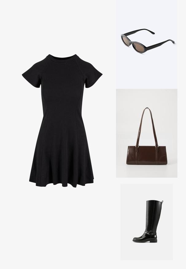 Vestido negro de manga corta con un cuerpo ajustado y falda acampanada, hecho de un tejido suave y elástico. Diseño sencillo sin patrones ni acentos.; Botas negras hasta la rodilla hechas de cuero brillante, con un detalle de hebilla plateada en el tobillo y un diseño de punta redondeada. Suela plana.; Gafas de sol negras con montura ovalada y lentes tintadas oscuras, mostradas en un ángulo ligero sobre una superficie blanca.; Bolso de mano de piel sintética marrón con forma rectangular, dos asas largas y sutiles acentos curvados en la parte delantera.