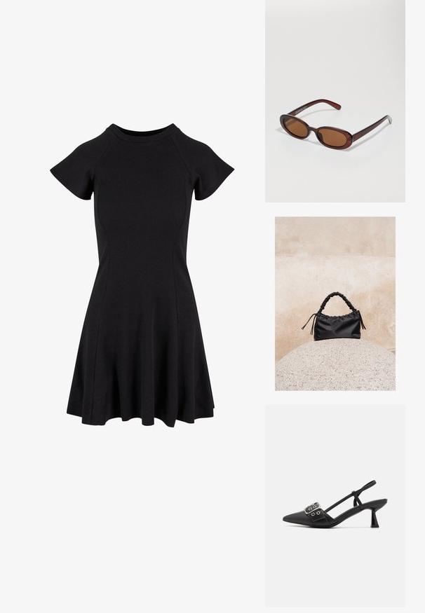 Robe noire à manches courtes avec un corsage ajusté et une jupe évasée, réalisée dans un tissu lisse et extensible. Design simple sans motifs ni accents.; Simmi London DALA - Escarpins - black; Lunettes de soleil rondes teinte brun avec une monture bordeaux brillante. Branches fines avec un détail de marque subtil. Design de verres plats.; Sac à main noir froncé avec une poignée froncée, posé sur une sphère en pierre texturée devant un mur en béton beige.