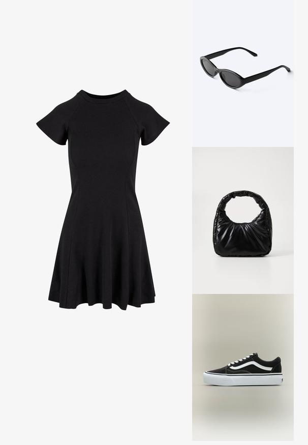 Zwart jurk met korte mouwen en een getailleerde bovenkant met een uitlopende rok, gemaakt van een gladde, rekbare stof. Eenvoudig ontwerp zonder patronen of accenten.; Lage zwarte sneaker met witte zijstreep, witte veters, witte rubberen zool en gestructureerde neus op een neutrale achtergrond.; Strakke zwarte ovale zonnebril met donkere glazen en rechte pootjes, rustend op een wit oppervlak.; Zwarte gevoerde handtas met een ronde handgreep, met een gladde, glanzende oppervlakte en een zachte, gewatteerde textuur. Geen zichtbare metalen onderdelen of accenten.