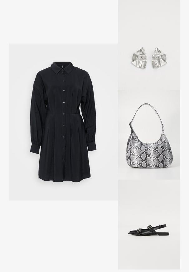 Čierne šaty z hladkej, splývavej látky. Obsahujú klasický golier, zapínanie na gombíky vpred a dlhé voľné rukávy s manžetami.; Even&Odd by Zalando Balerínky na šnúrky - black; Mäkká čierna a biela taška cez rameno s hadím vzorom zaobleného tvaru, hladkou textúrou a zakriveným popruhom. Obsahuje akcenty zo strieborného kovu.; Strieborné kovové náušnice s vlnitým, sochárskym dizajnom, s lešteným povrchom a nepravidelnými tvarmi, ktoré zvýrazňujú súčasnú estetiku.