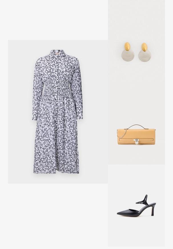 Robe à imprimé floral noir et blanc avec un col, des manches longues, une taille smockée et une jupe fluide. Fabriquée dans un tissu léger.; Escarpin noir à bout pointu avec fine bride à la cheville et boucle argentée, finition en cuir lisse, chaussure élégante pour femme.; Pochette rectangulaire en cuir couleur tan avec poignée supérieure, détail de chaîne argentée, et fermeture à loquet argentée sur le rabat avant.; Boucles d'oreilles en métal doré et argenté avec une base en disque rond et une pièce supérieure ovale, texture lisse et finition polie.