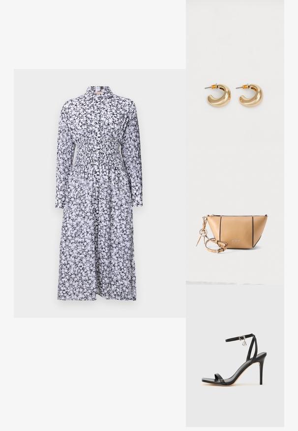Robe à imprimé floral noir et blanc avec un col, des manches longues, une taille smockée et une jupe fluide. Fabriquée dans un tissu léger.; Sandale à talon haut noire avec une bride étroite à la cheville, bout carré, cuir lisse et accent de boucle métallique.; Sac bandoulière Michael Kors en cuir camel avec une fermeture éclair, des bords noirs et une bandoulière amovible avec un pendentif logo.; Deux boucles d'oreilles en forme de cerceau en or brillant, avec un design courbé, présentant des accents orange près de la tige, sur fond blanc uni.