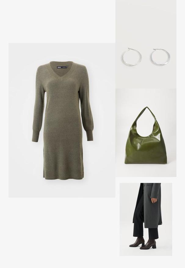 Olive rohelise värvi kudum dress, millel on V-kaelus ja pikad varrukad, rõhutatud vormiga torso ja lõdvestunud istuvus puusade piirkonnas, ribakujuline tekstuur.; Tumedast pruunist nahast kõrge kontsaga ankle-botid terava ninaga ja ploki kontsaga, koos mustade pükste ja halli mantliga.; Roheline nahast hobo-kott, millel on laisk disain, kumer käepide ja sile tekstuur. Ei sisalda nähtavaid riistade ega aksessuaare.; Hõbedased metallist rõngakujulised kõrvarõngad, millel on sile, kergelt kaarduv pind ja lukustuvad tagused kinnitused, valgel taustal.