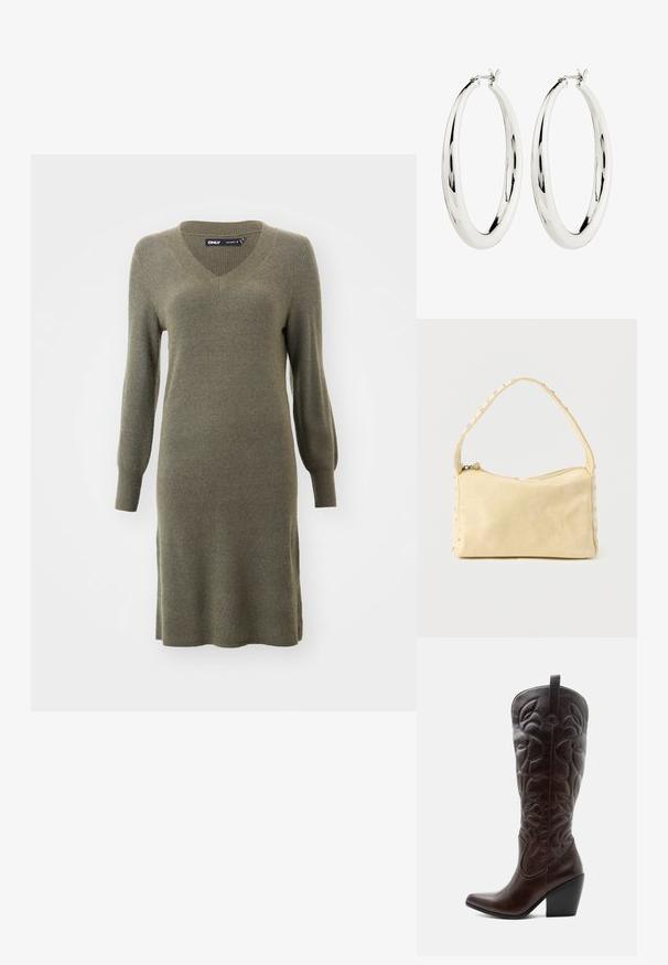 Olive rohelise värvi kudum dress, millel on V-kaelus ja pikad varrukad, rõhutatud vormiga torso ja lõdvestunud istuvus puusade piirkonnas, ribakujuline tekstuur.; Kõrge tumepruun nahast kauboi saabas, millel on õmmeldud dekoratiivsed mustrid, terava varbaosaga ja kuhjatud plokk-kontsaga.; Väike beež nahast käekott ühe rihmaga ja hõbedaste naeltega piki äärte ja rihma, esitatud ühtse taustaga.; Hõbedased rõngasKõrvarõngad, millel on sile ja peegeldav pind. Ümara, suure kujuga ja ülemises osas turvalise klambriga. Poleeritud viimistlus toob esile sära.