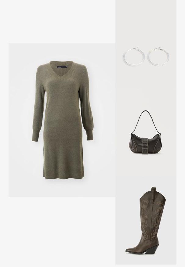 Olive rohelise värvi kudum dress, millel on V-kaelus ja pikad varrukad, rõhutatud vormiga torso ja lõdvestunud istuvus puusade piirkonnas, ribakujuline tekstuur.; Pruun nahast cowboy saabas, millel on terav varvas, tõusuhari ja dekoratiivne tikkimine. Omab pikka varrukat ja tõmbenööri.; Mustast nahast õlakott pandlanööriga detailiga, kõverate servade ja kontrastse valge õmblusega tavalise tausta peal.; Paari läikiva hõbedase rõngaskujulise kõrvarõngastega, millel on õhukesed traatlukkud, kuvatud heleda halli taustal.