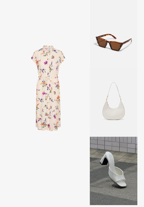 Blumenkleid mit Kragen und kurzen Ärmeln, aus cremefarbenem Stoff, der mit bunten Blumen verziert ist, und einer gebundenen Taille für eine perfekte Passform.; Ein weißer offener Mule mit Blockabsatz steht auf grauem Asphalt vor einer gefliesten Wand.; Braungetönte Sonnenbrille mit Schildpattmuster, eckigem Rahmen und schlanken Bügeln. Hergestellt aus leichtem Kunststoffmaterial.; Cremfarbene Leder-Schultertasche mit einer Halbmondform, dünnem Schulterriemen und subtilen Stichdetails. Minimalistisches Design mit goldfarbenen Hardware-Akzenten.